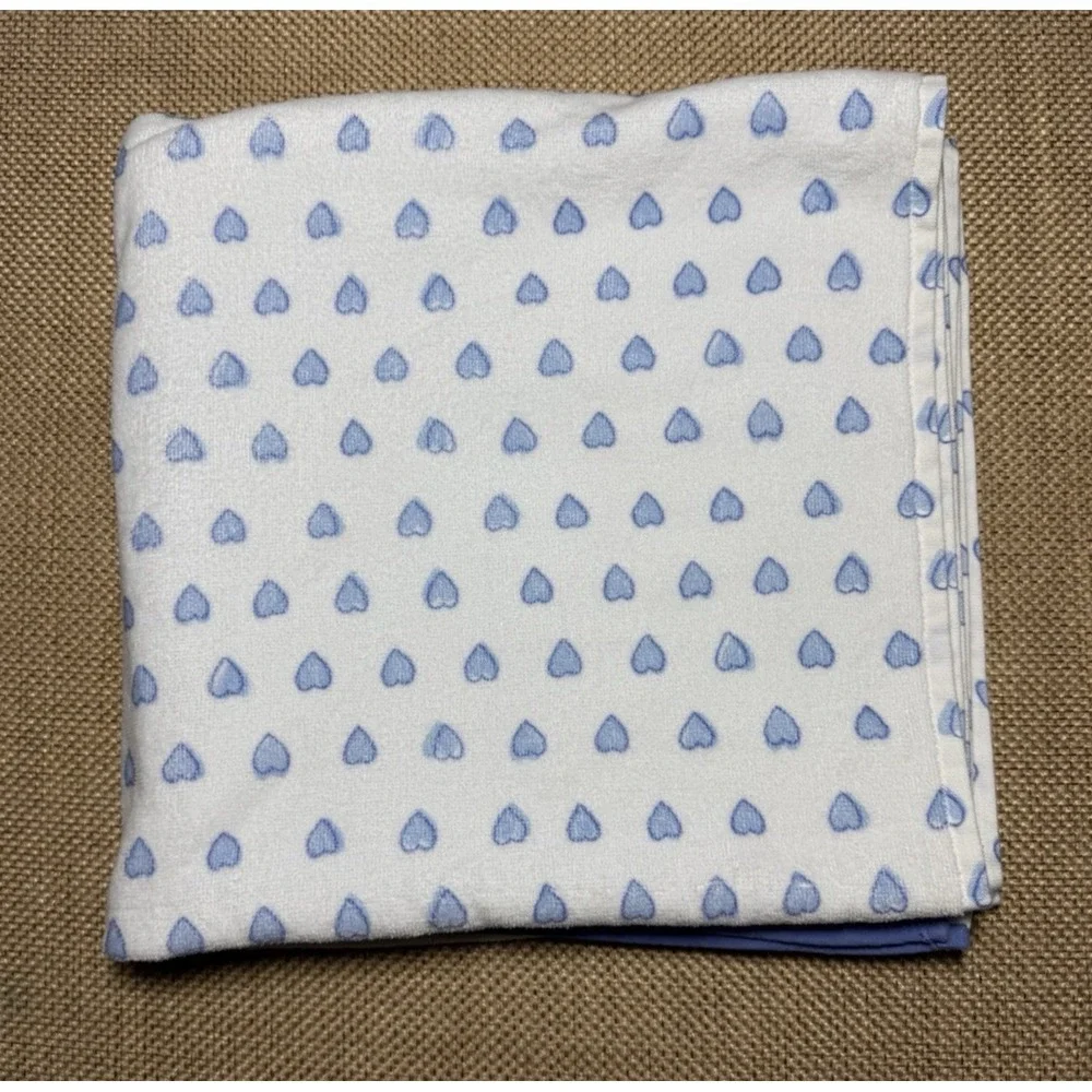 Pottery Barn x Roller Rabbit Bath Towel Blue Hearts White 100% Cotton Heart